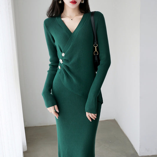 Spring Autumn French V Neck Retro Knitted Fitted Waist Dress