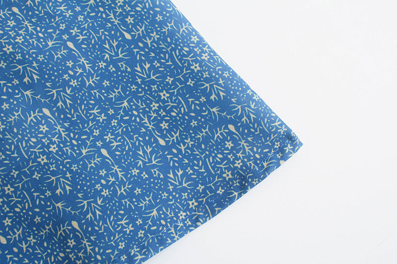 Frühlings-elegantes, blau bedrucktes A-Linien-Kleid mit V-Ausschnitt und Puffärmeln