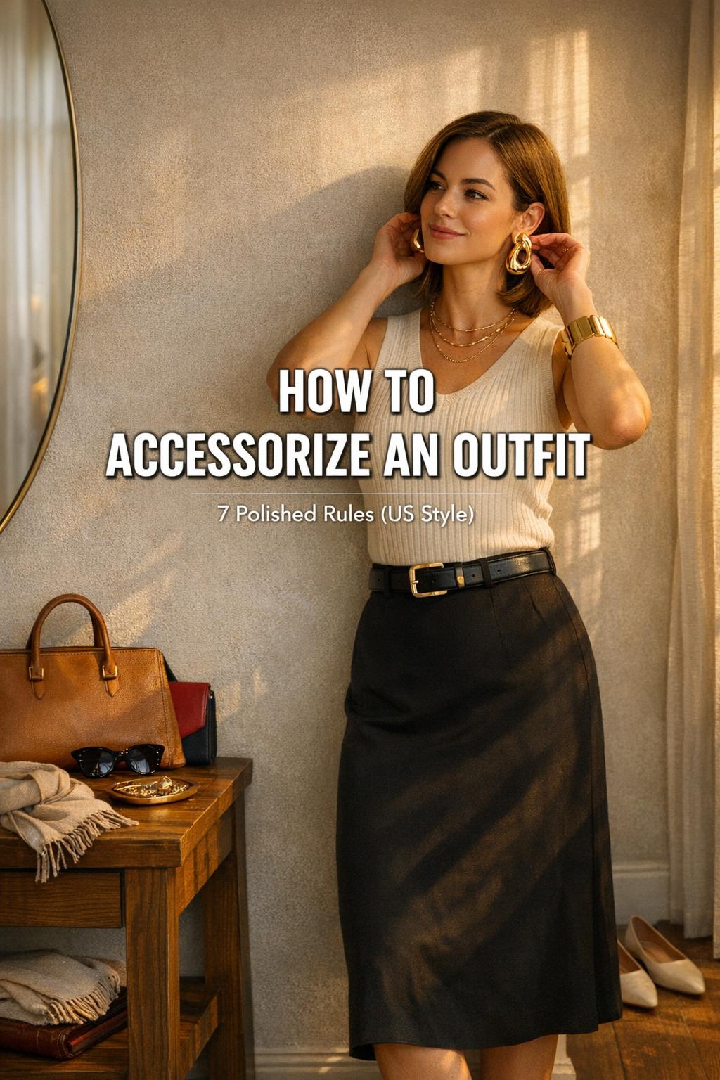 How to accessorize an outfit in a cozy entryway, woman in cream top and camel trousers adjusting a bold gold cuff