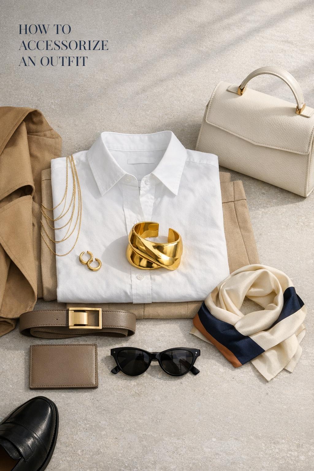 How to accessorize an outfit flat lay with gold cuff bracelet, neutral clothing, handbag, sunglasses, and layered jewelry