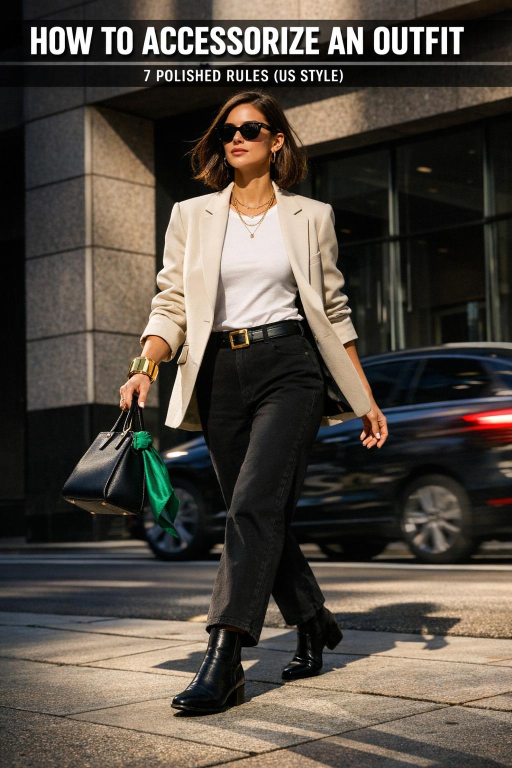 How to accessorize an outfit with layered gold jewelry, a leather belt, and a structured handbag on a neutral dress