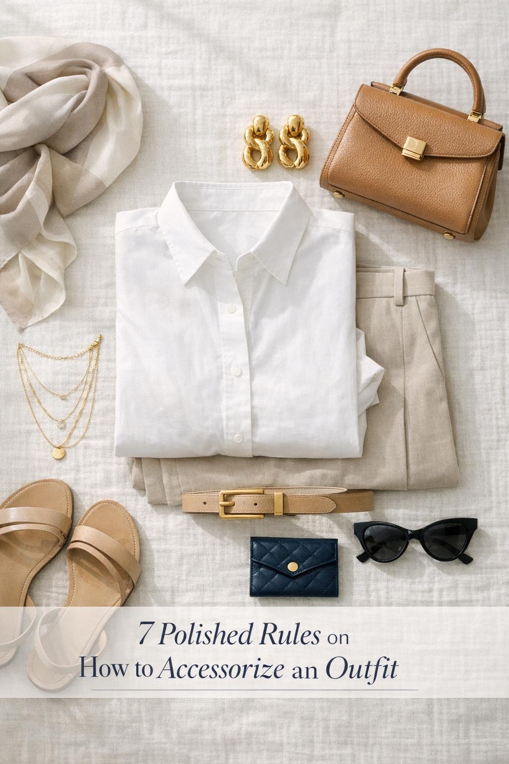 How to accessorize an outfit flat lay with white shirt, beige trousers, gold jewelry, tan bag, sunglasses, and scarf