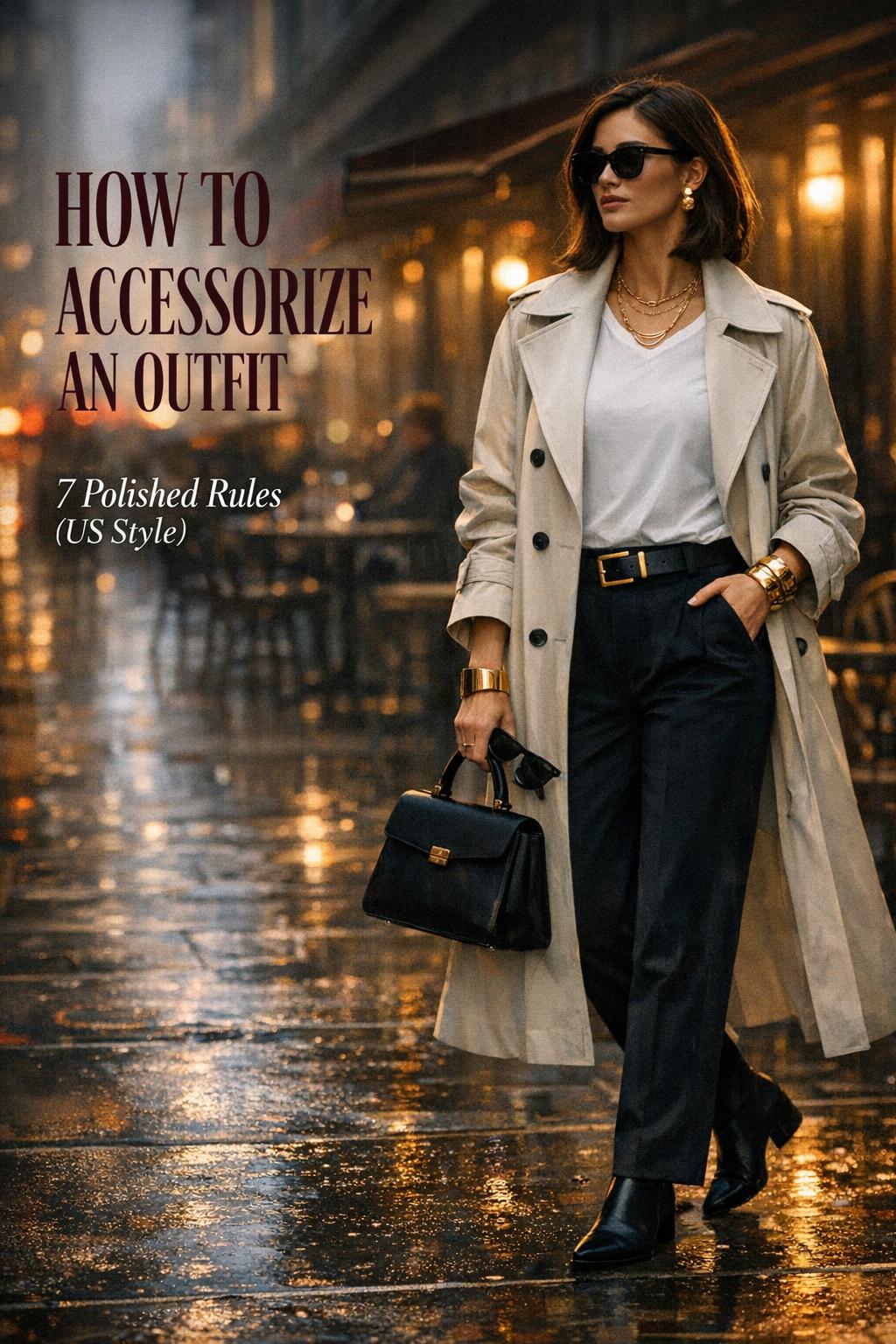 How to accessorize an outfit: confident woman in trench coat with gold statement earrings at a rainy dusk city cafe