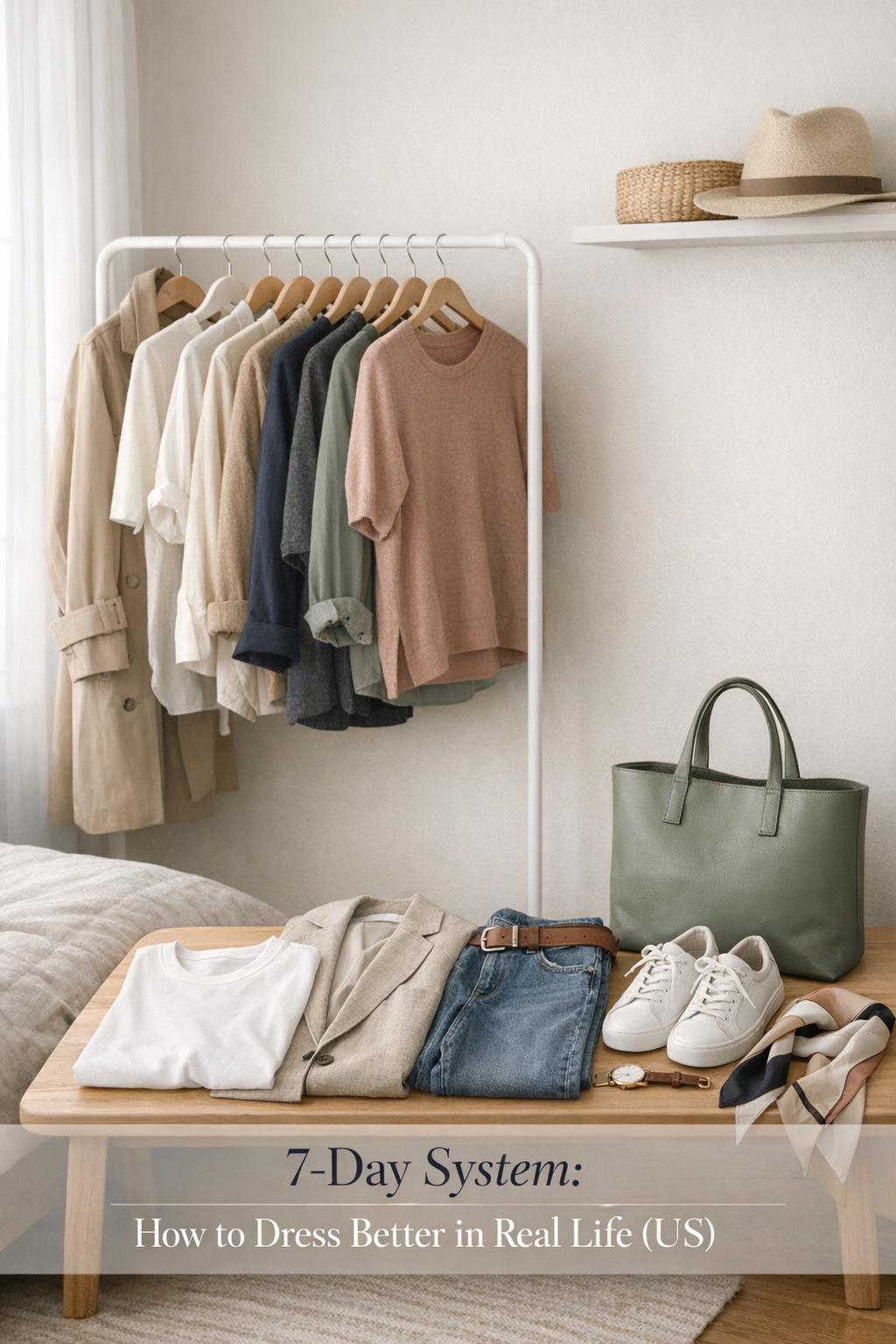 Minimalist capsule wardrobe bedroom corner with outfit flat lay and text overlay on how to dress better in real life