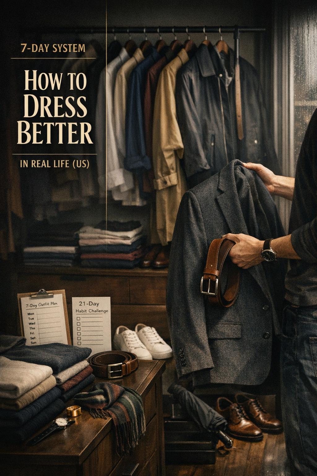 How to dress better: moody US apartment capsule wardrobe with outfit plan, shoes, and layered neutrals in morning light