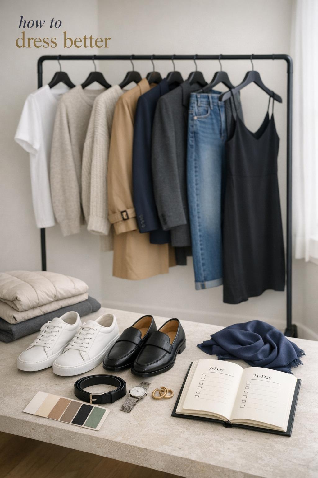 How to dress better: minimalist capsule wardrobe rack with shoes, accessories, and style checklist in a bright modern closet