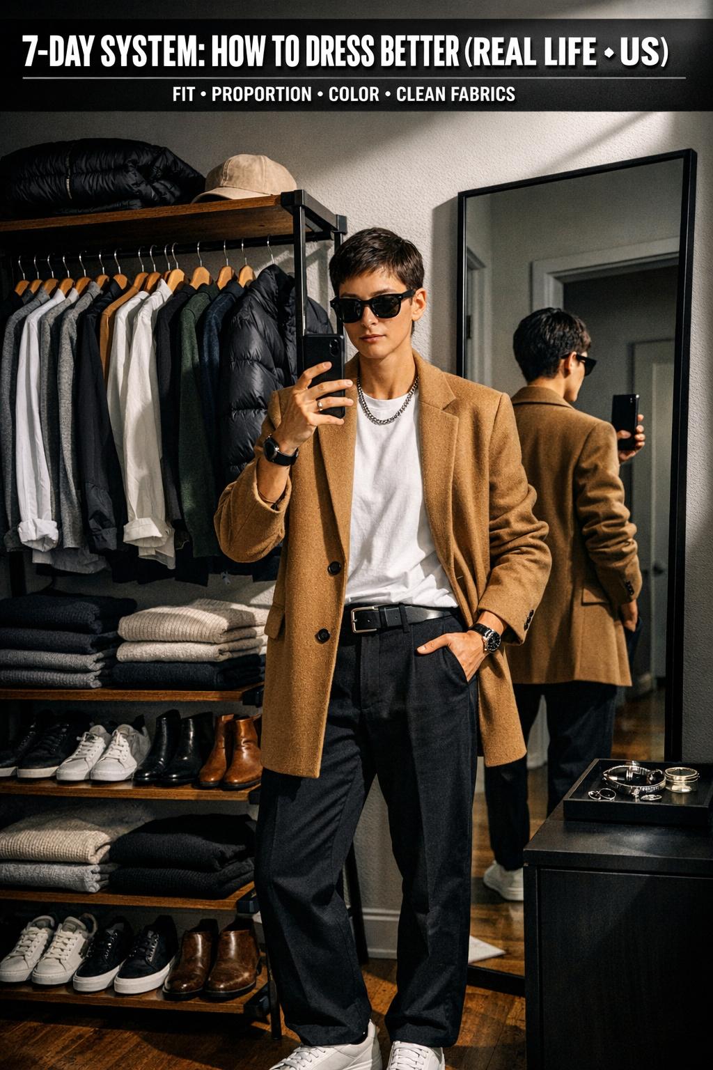 Man in a navy blazer and white shirt adjusting cufflinks, showing how to dress better with timeless style