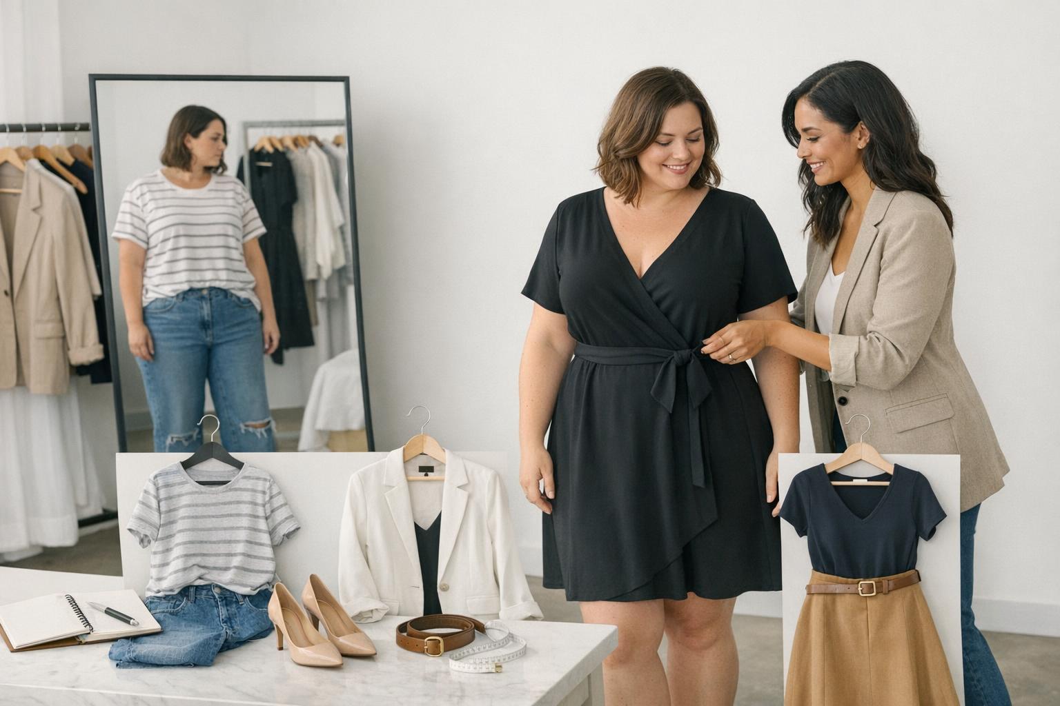 How to dress for your body type with a flattering outfit showing balanced proportions, clean lines, and tailored fit