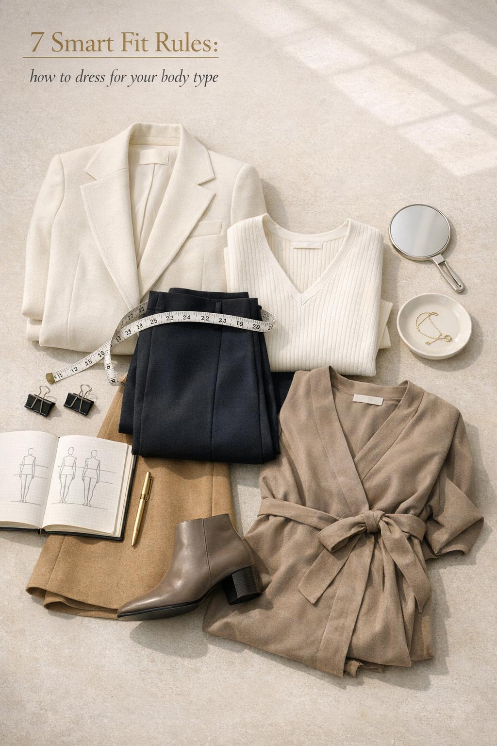 How to dress for your body type flat lay with capsule wardrobe, measuring tape, notebook, loafers on beige surface