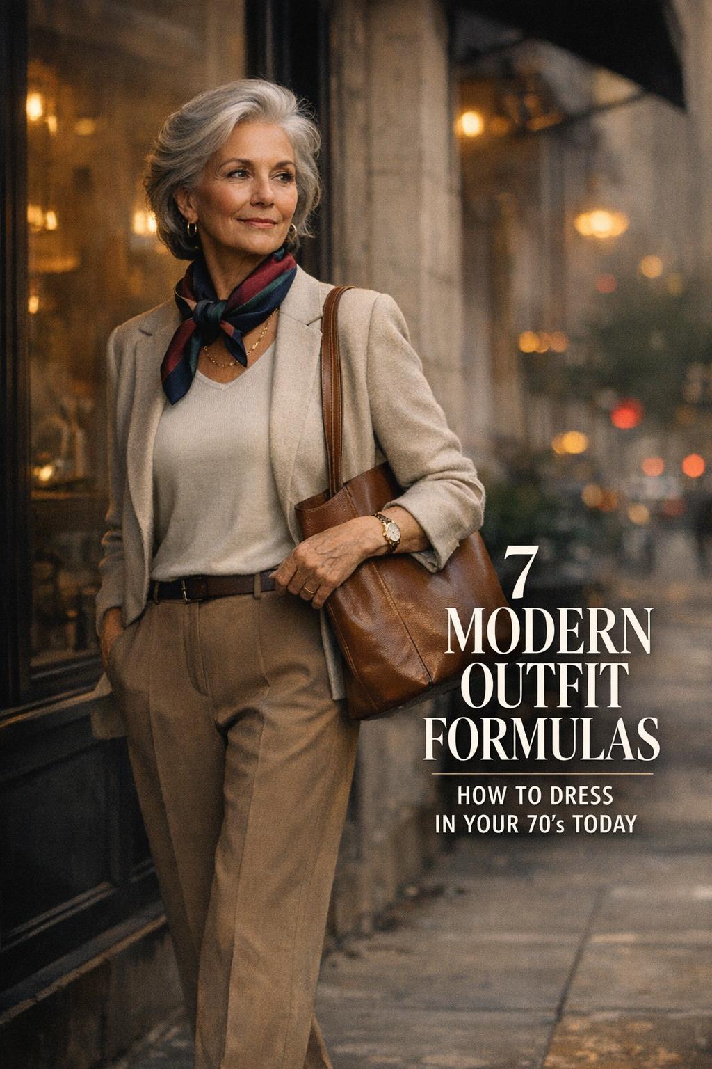 How to dress in your 70's: stylish silver-haired woman in tailored neutrals with scarf, walking by a cafe in warm light