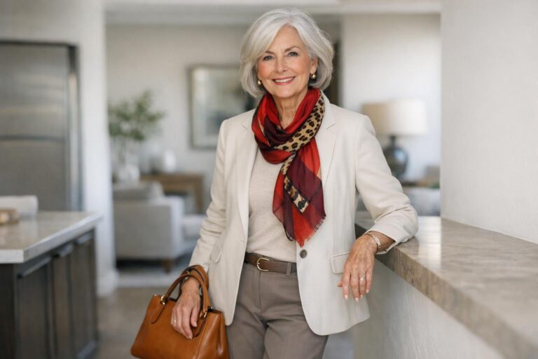 How to dress in your 70's with modern outfit formula: neutral trousers, structured cardigan, scarf, and supportive shoes