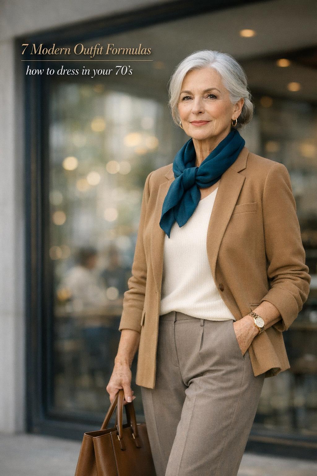 How to dress in your 70's: stylish woman in her 70s outside a modern café in neutral tailored layers with silk scarf