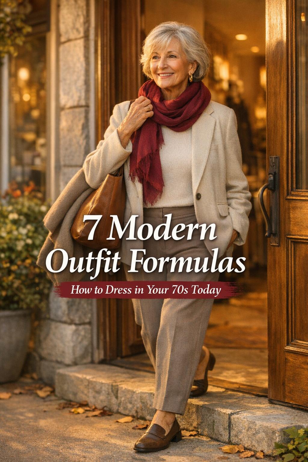 Elegant woman in her 70s in a warm entryway wearing neutral trousers and scarf, showing how to dress in your 70's