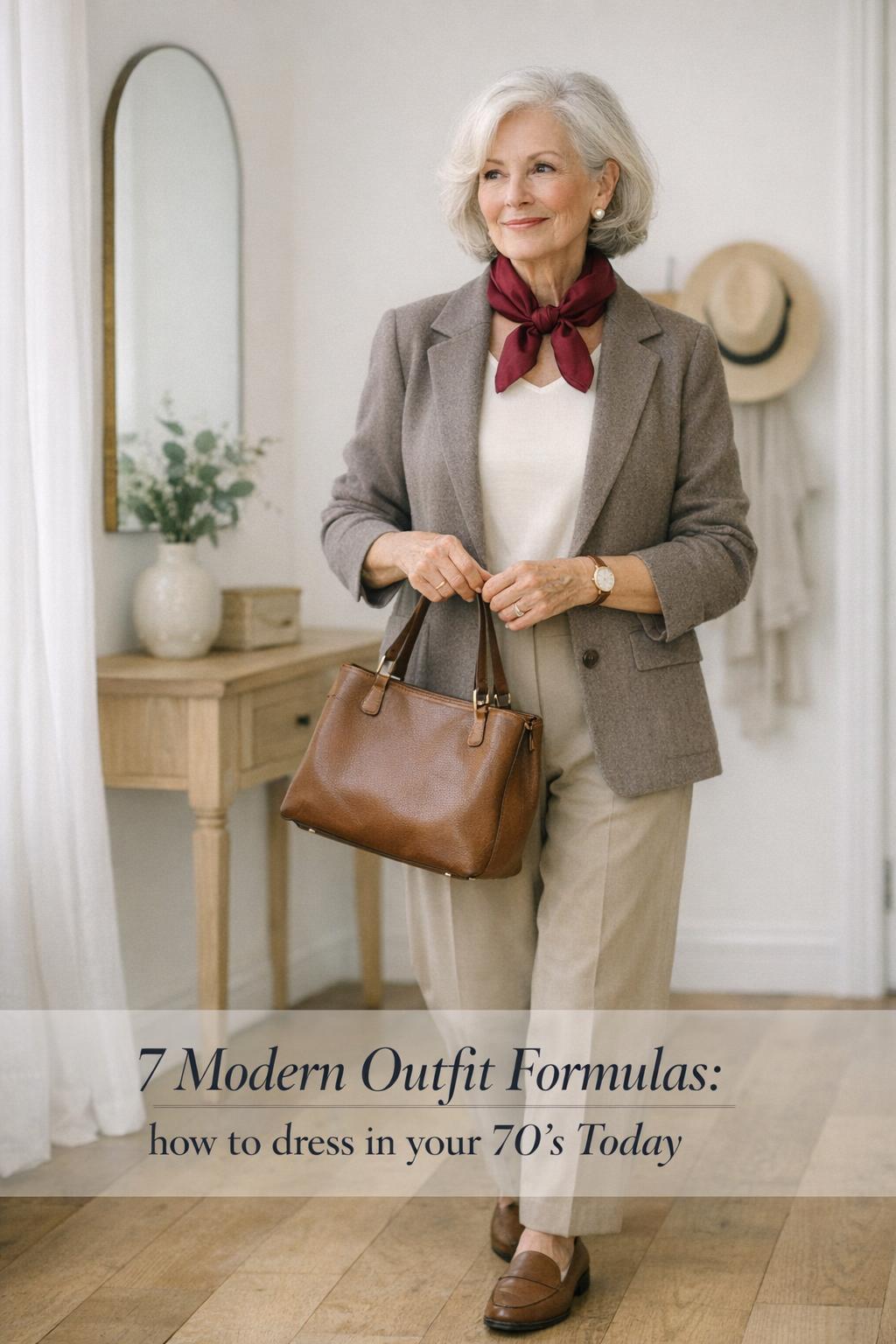 How to dress in your 70's: stylish woman in a bright entryway wearing neutral layers with a jewel-tone scarf