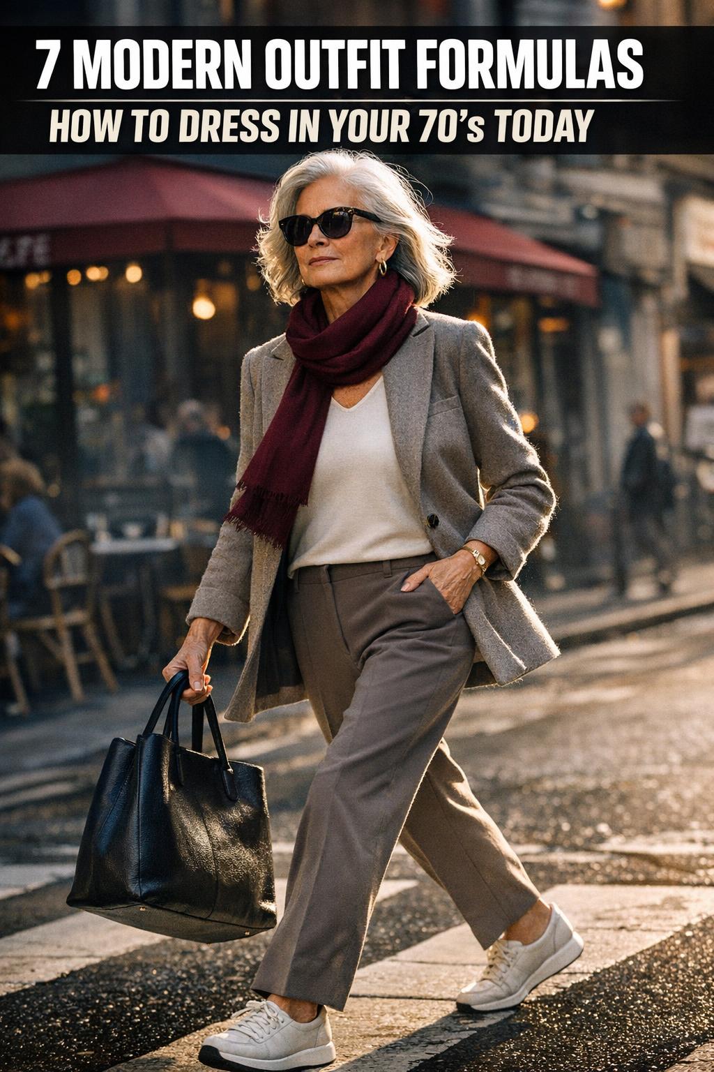 Elegant senior woman in her 70s wearing a classic outfit, showing how to dress in your 70's with timeless style