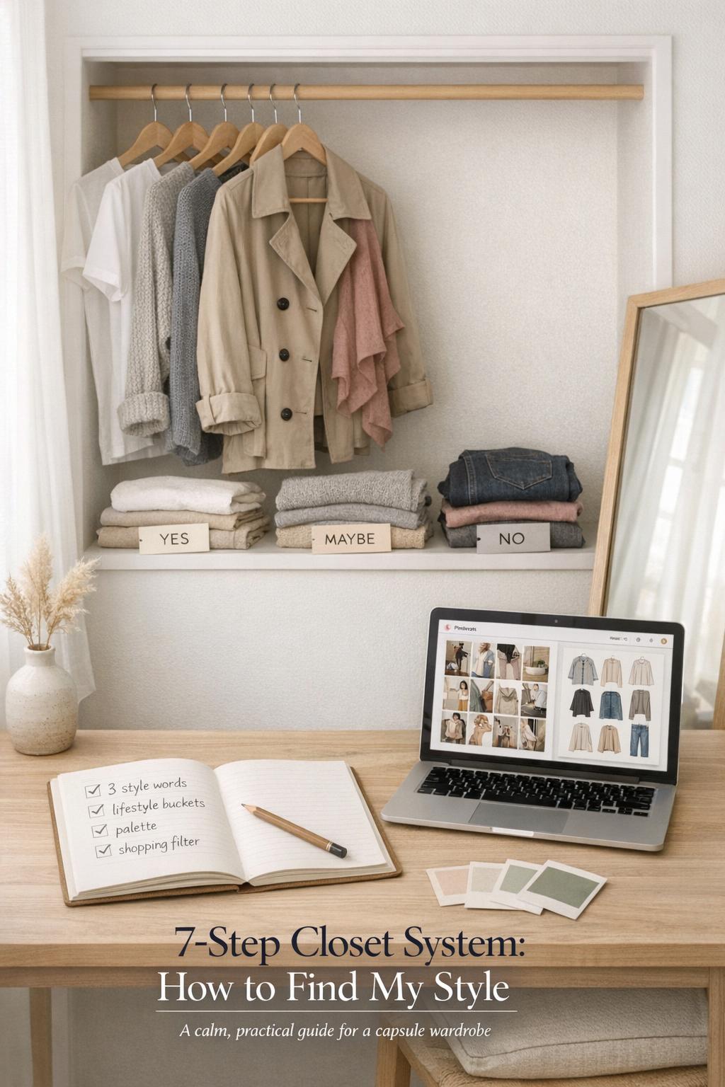 How to find my style closet system with capsule wardrobe basics, desk checklist, and mood board in soft daylight
