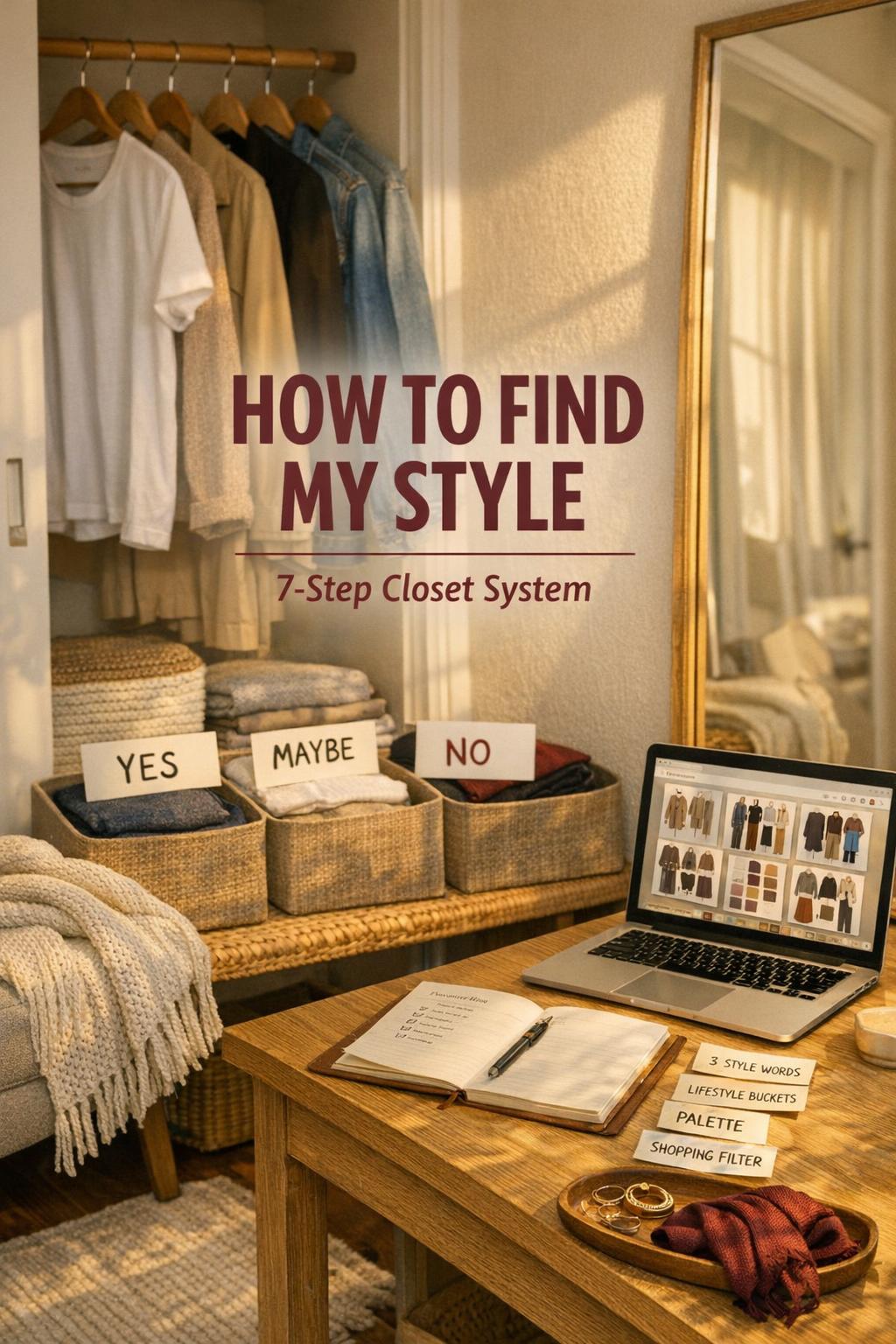How to find my style: tidy closet with YES MAYBE NO bins, capsule wardrobe basics, and laptop mood board in warm light