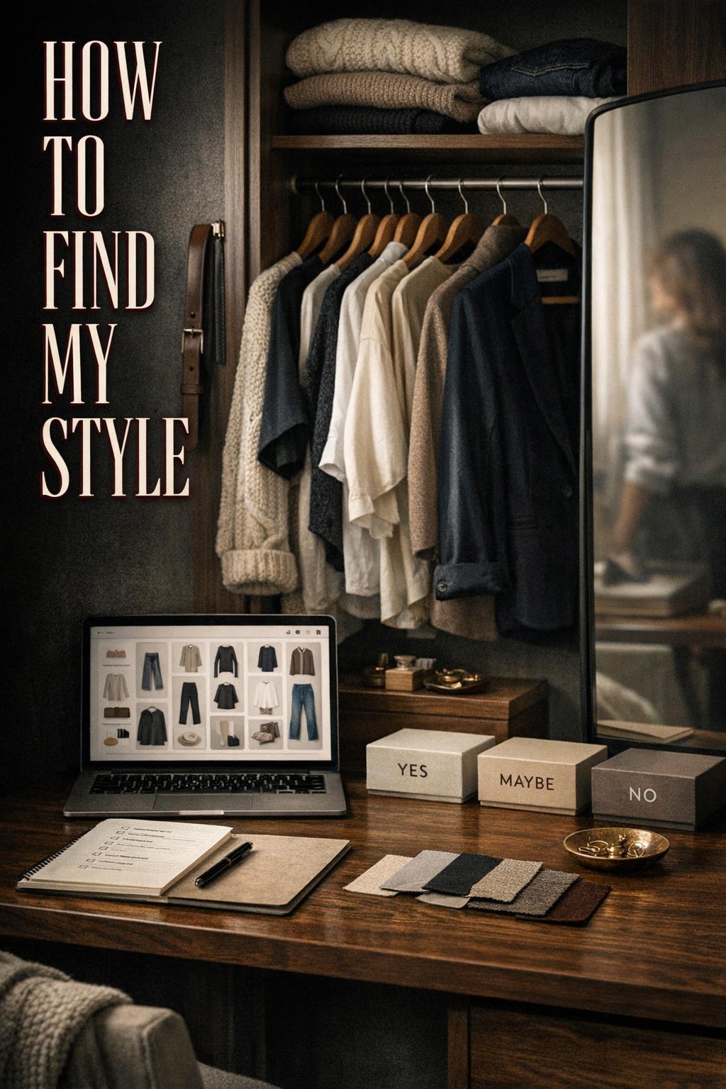 How to find my style closet workspace with capsule wardrobe, Pinterest mood board laptop, and YES MAYBE NO sorting boxes