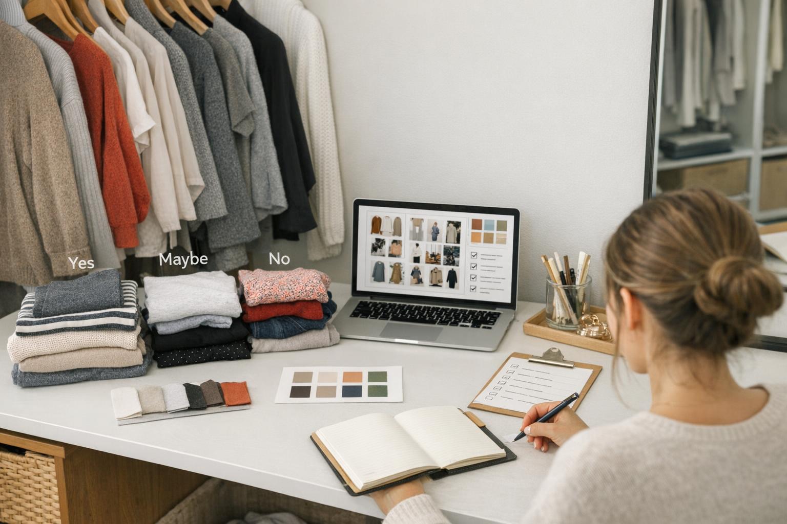 How to find my style wardrobe audit with yes maybe no clothing piles on a bed in a bright modern bedroom