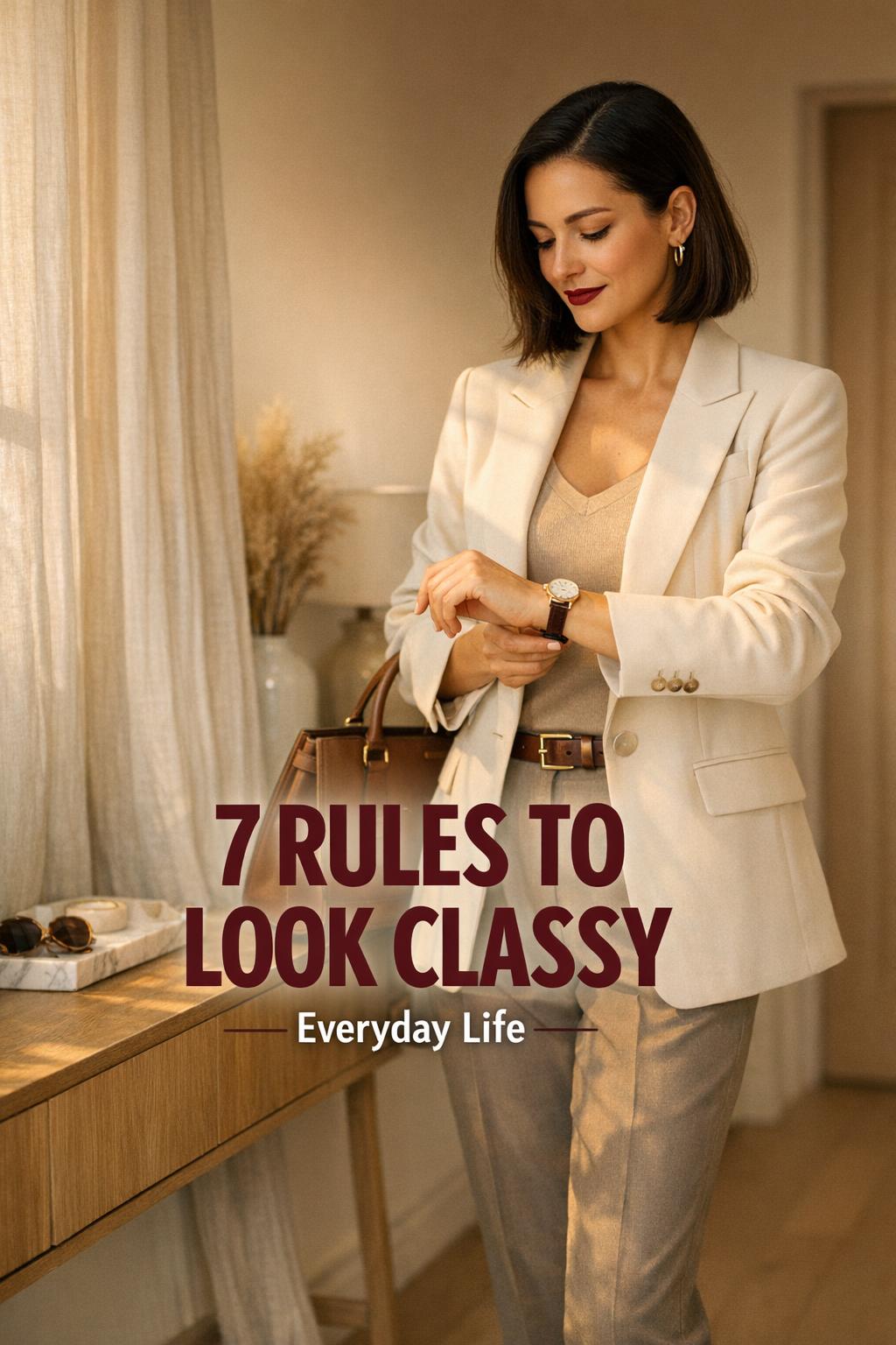 How to look classy: stylish woman in neutral blazer and trousers in a warm golden-hour apartment entryway