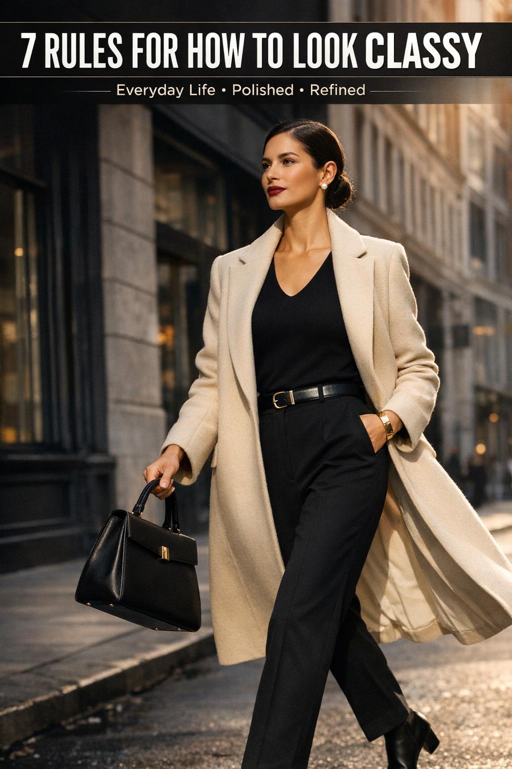 Elegant woman in a tailored blazer and pearls showing how to look classy in a timeless style