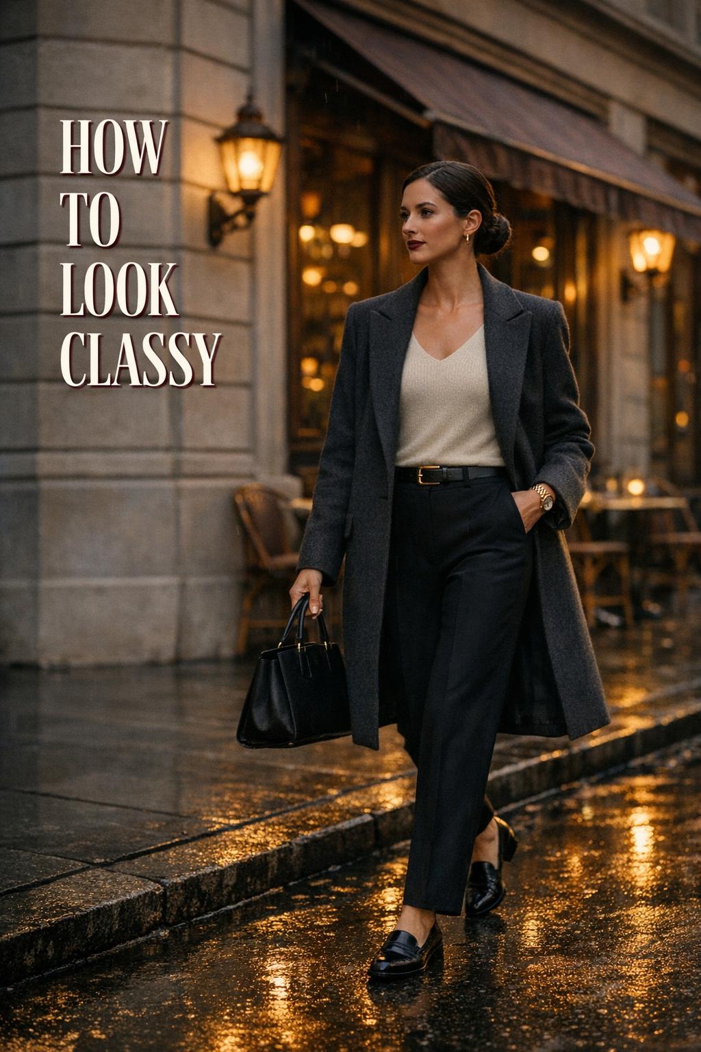 How to look classy street style at golden-hour, woman in tailored coat outside a city cafe with subtle rain reflections