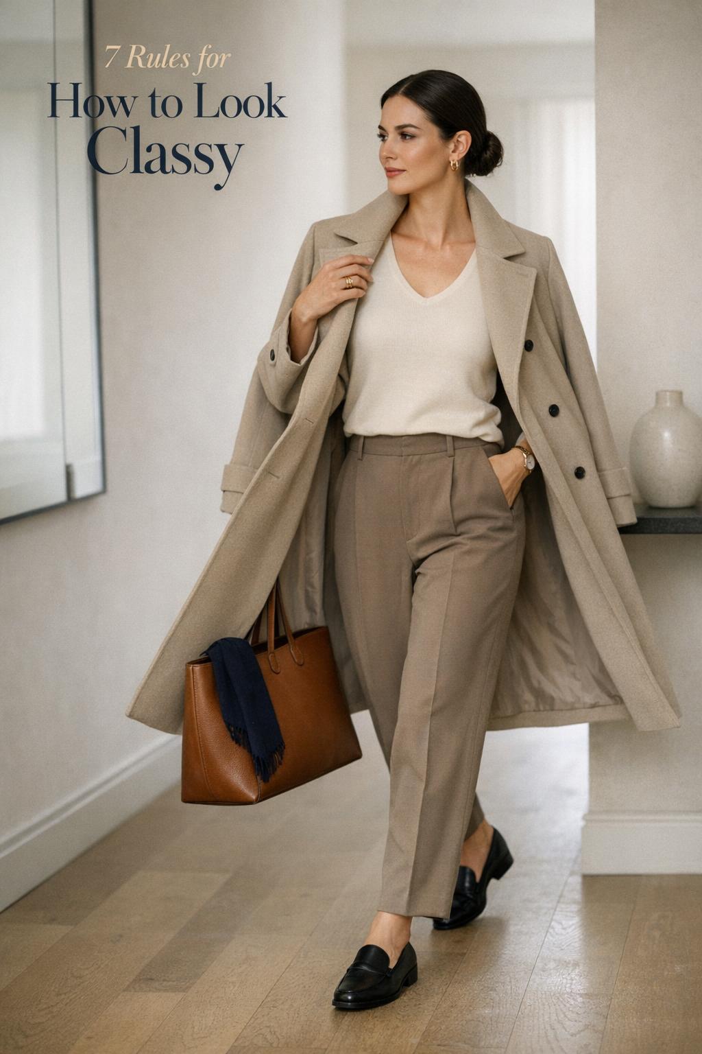 How to look classy: woman in trench coat and neutral outfit in a bright minimalist entryway, carrying a leather tote