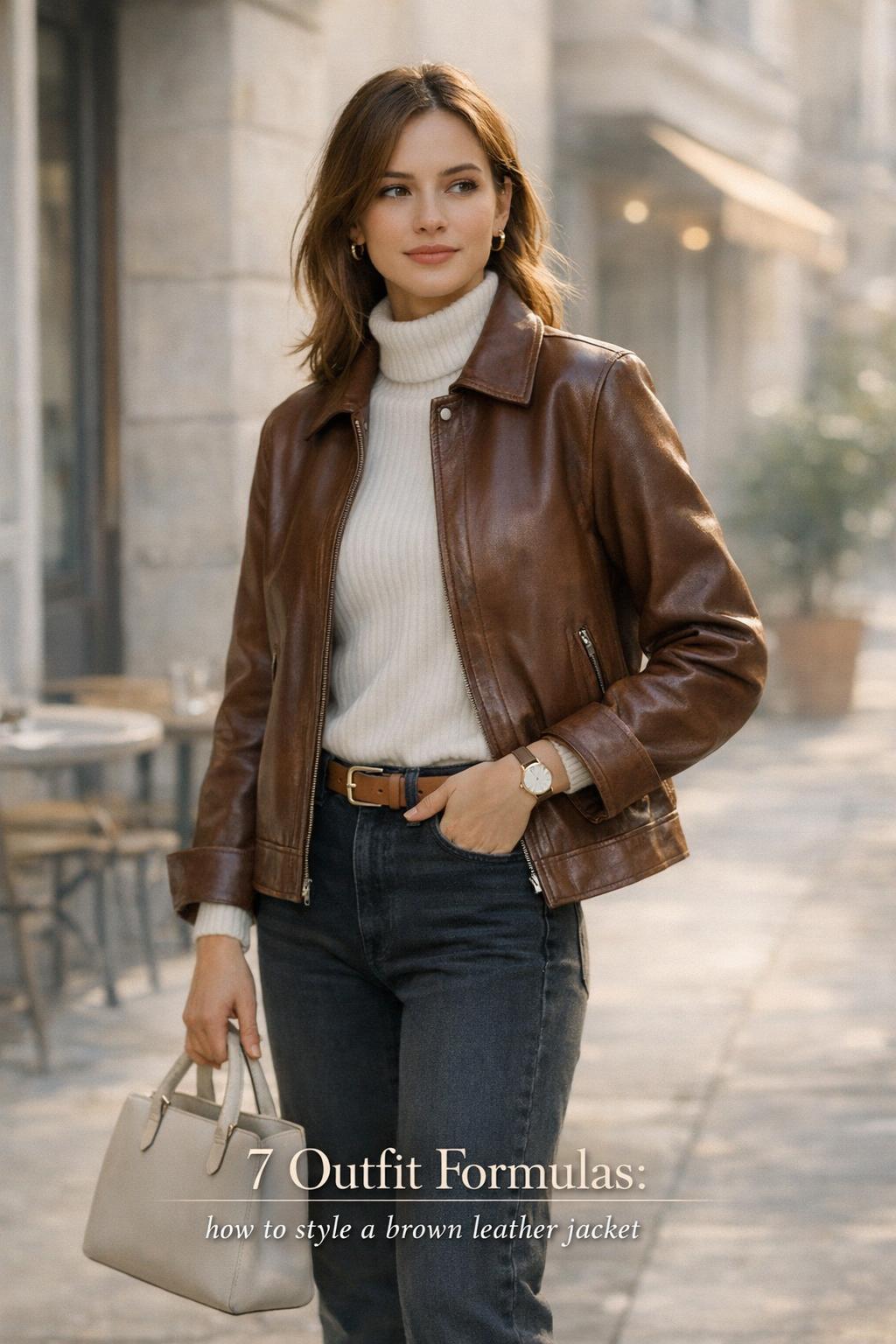 how to style a brown leather jacket: woman in brown leather jacket, white turtleneck and jeans on a bright city sidewalk