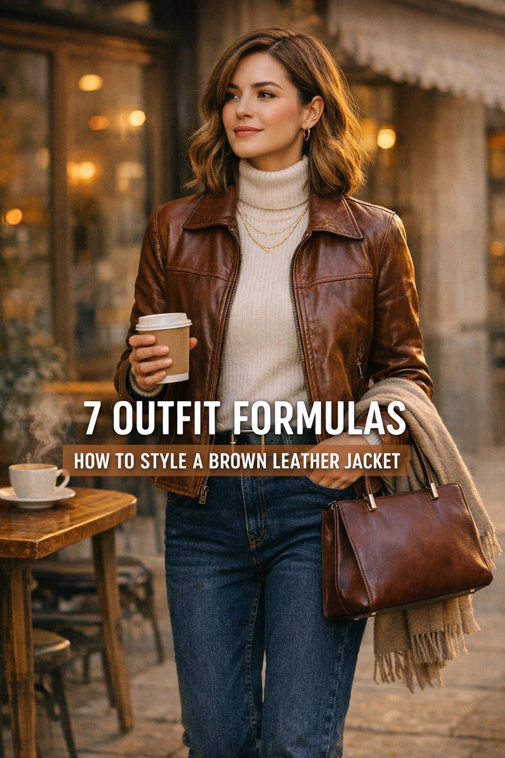 How to style a brown leather jacket on a stylish woman at a golden-hour sidewalk cafe, wearing jeans and ankle boots