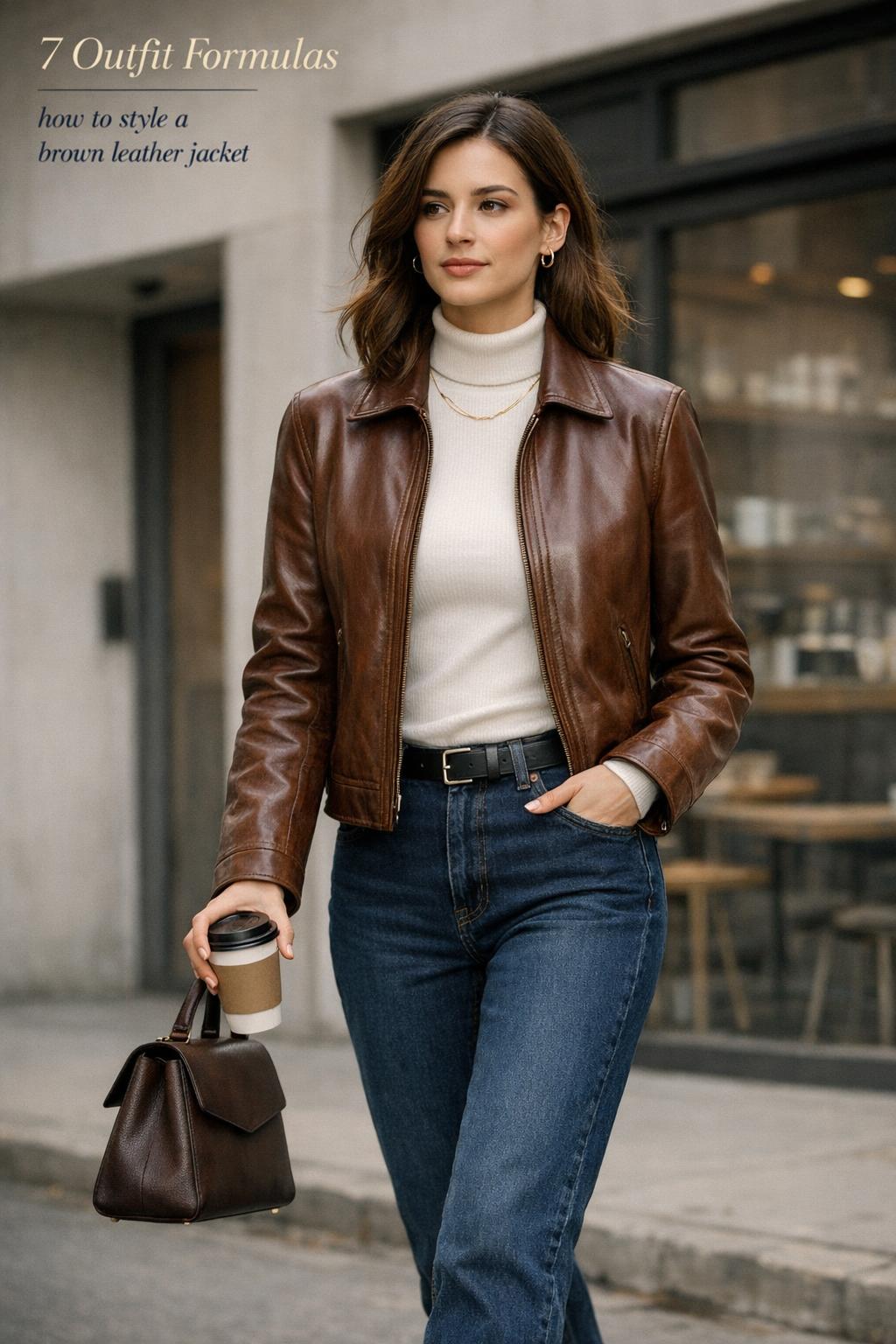 How to style a brown leather jacket with white turtleneck, dark jeans, and ankle boots on a city sidewalk near a coffee shop