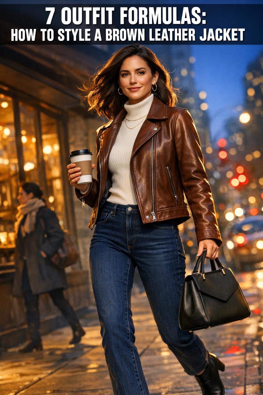 How to style a brown leather jacket with a white tee and jeans in a street style outfit