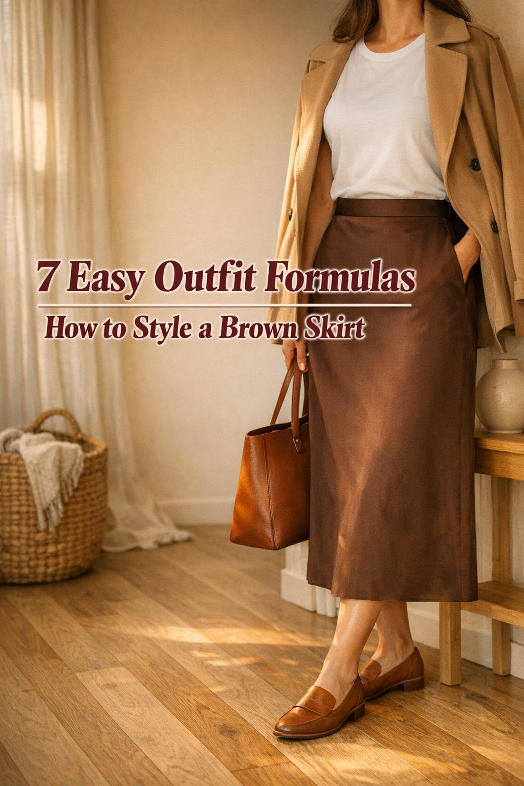 How to style a brown skirt outfit formula with camel trench and ivory top in warm golden-hour apartment entryway