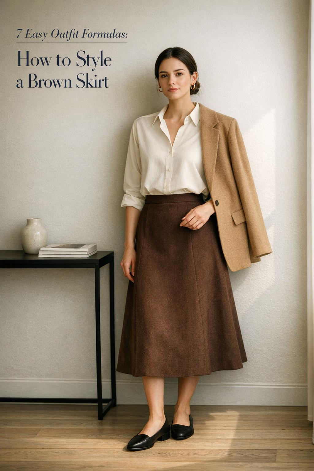 How to style a brown skirt: woman in neutral apartment entryway wearing brown midi skirt, ivory blouse, camel coat and black tote