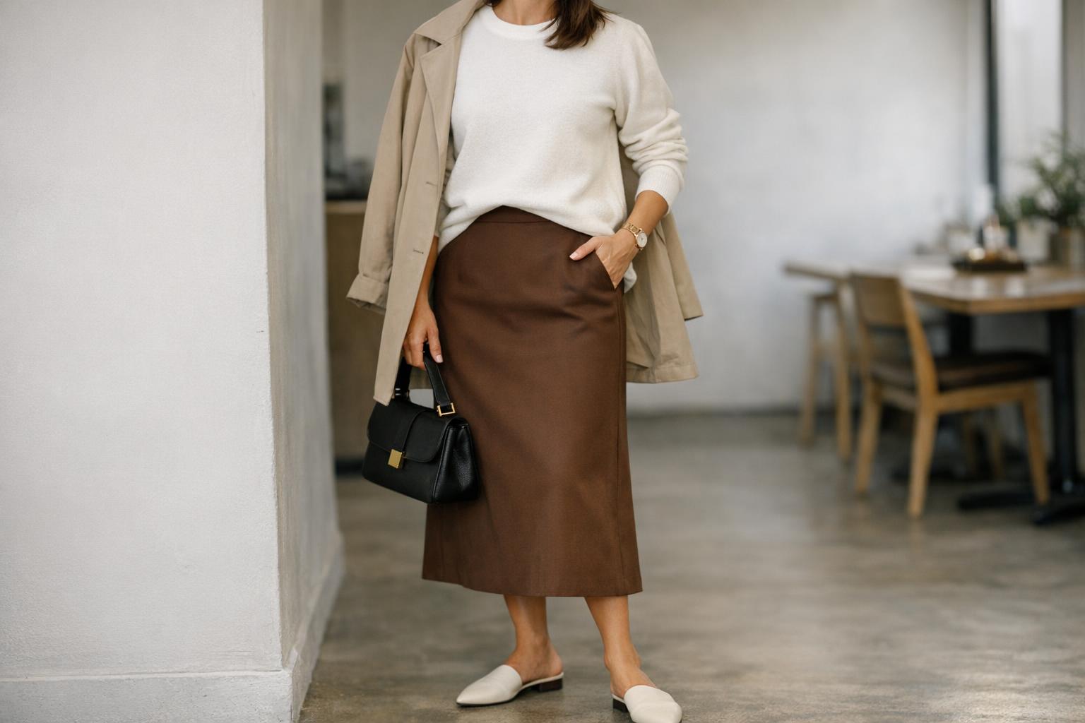 How to style a brown skirt with a cream sweater and ankle boots, everyday outfit laid out on a neutral background