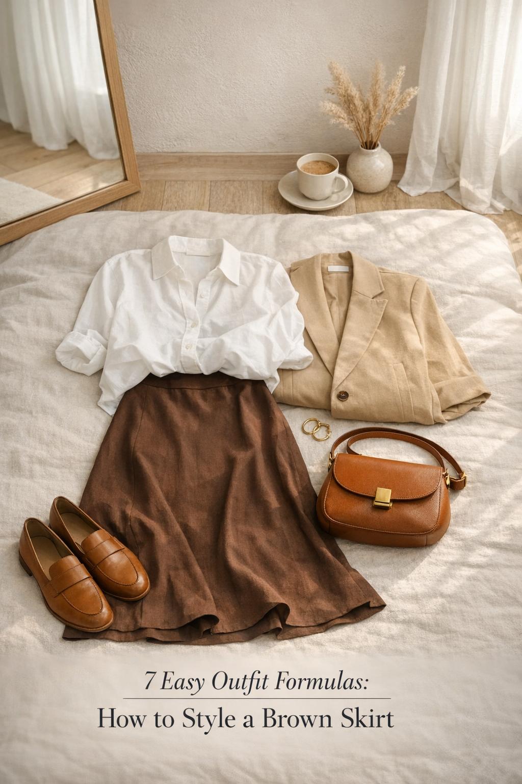 How to style a brown skirt flat lay in a neutral bedroom with white shirt, trench, loafers, and cognac bag in morning light