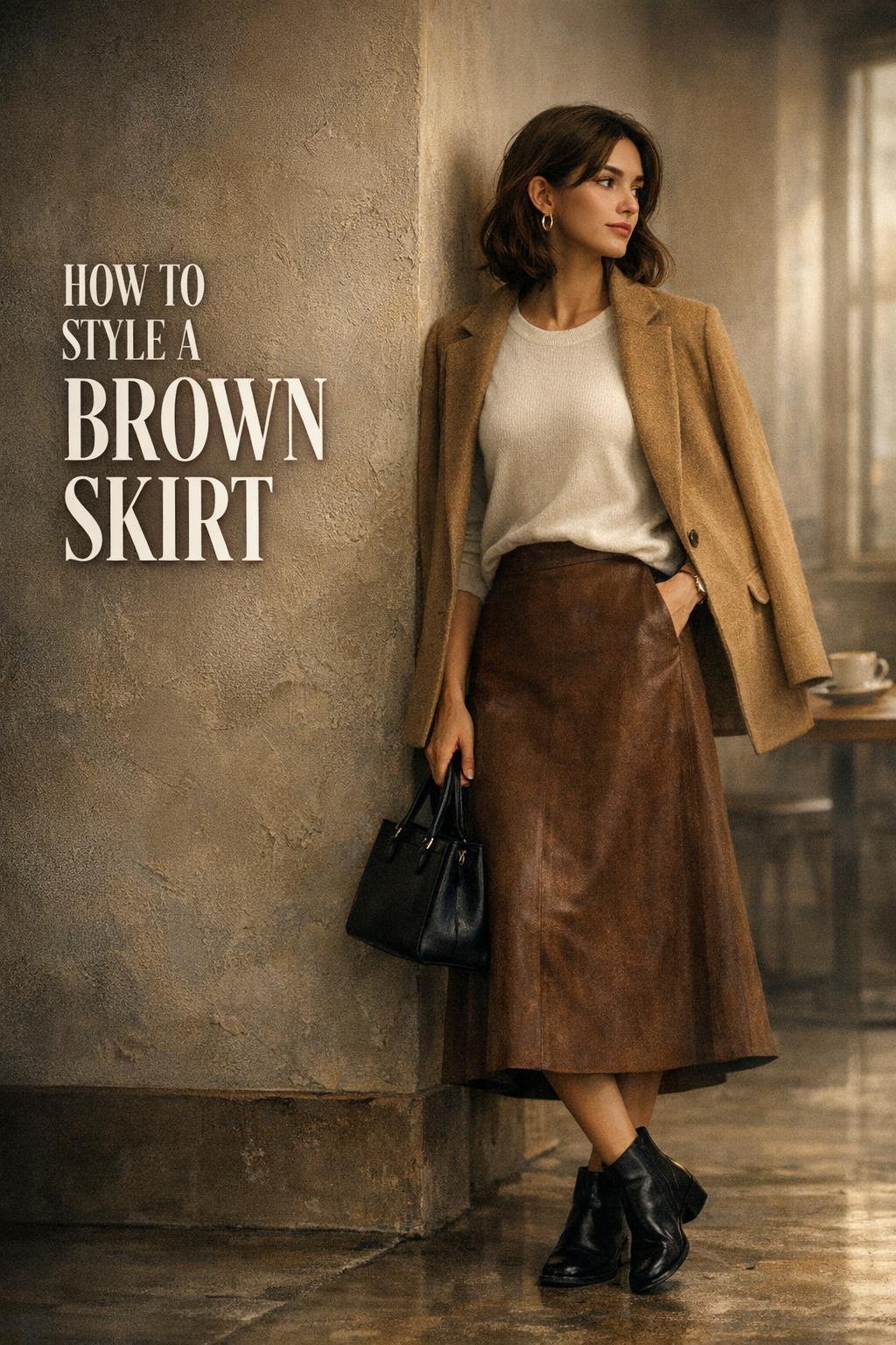 How to style a brown skirt in a moody café editorial with camel coat, light top, and black loafers