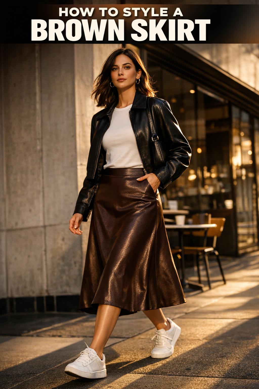 Street style look showing how to style a brown skirt with a white blouse, belt, and ankle boots
