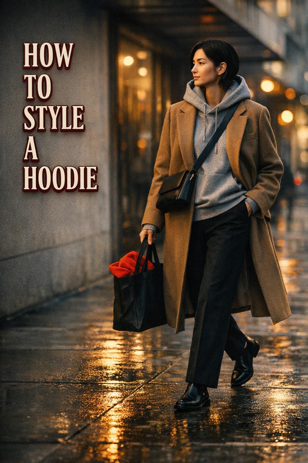 How to style a hoodie with camel trench coat, black trousers, and leather loafers on a city sidewalk at golden hour