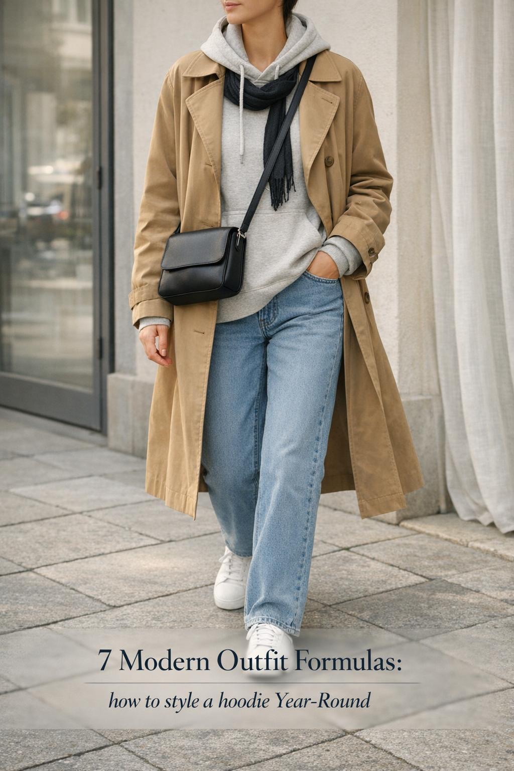 How to style a hoodie with a camel trench, light-wash jeans, and white sneakers in bright city entryway window light