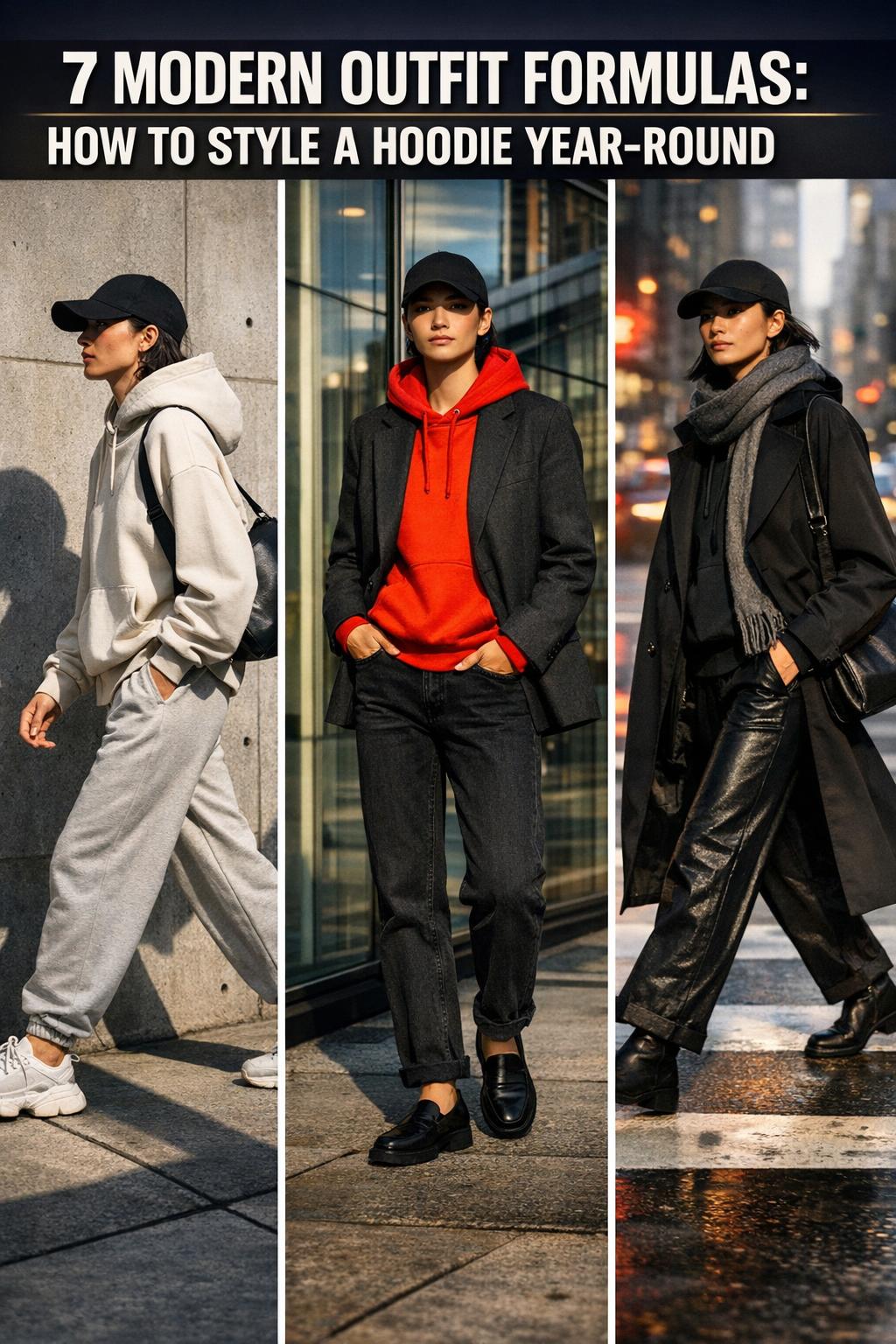 How to style a hoodie with layered streetwear outfit, neutral tones, and sneakers in an urban setting