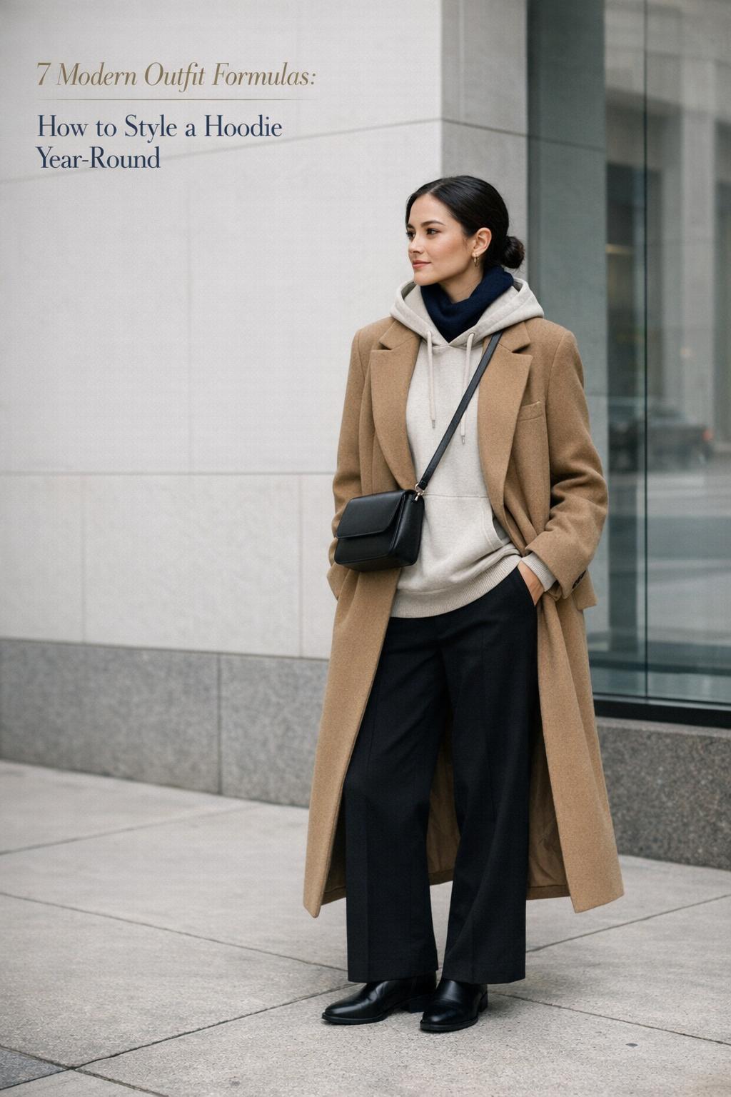 How to style a hoodie with an oatmeal hoodie under a camel coat, dark wide-leg trousers, and black loafers on a city street