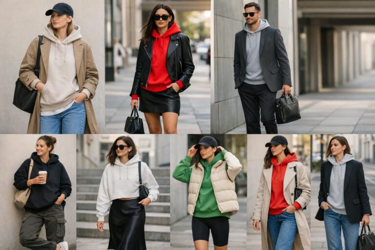 How to style a hoodie with a blazer for a polished casual outfit, layered hoodie look with clean sneakers