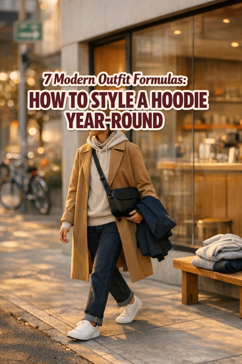 How to style a hoodie year-round with camel trench coat and dark jeans in a warm golden-hour city street outfit photo