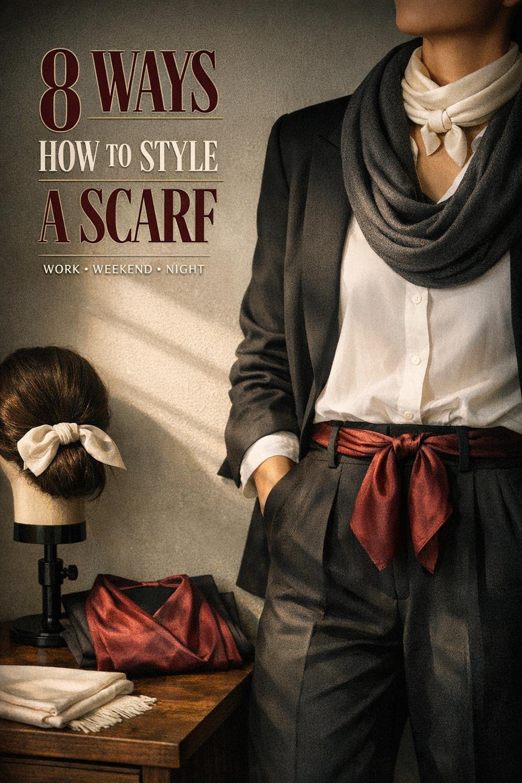 How to style a scarf: cinematic fashion photo with silk and pashmina scarves styled as neck wrap, infinity drape, belt and hair tie
