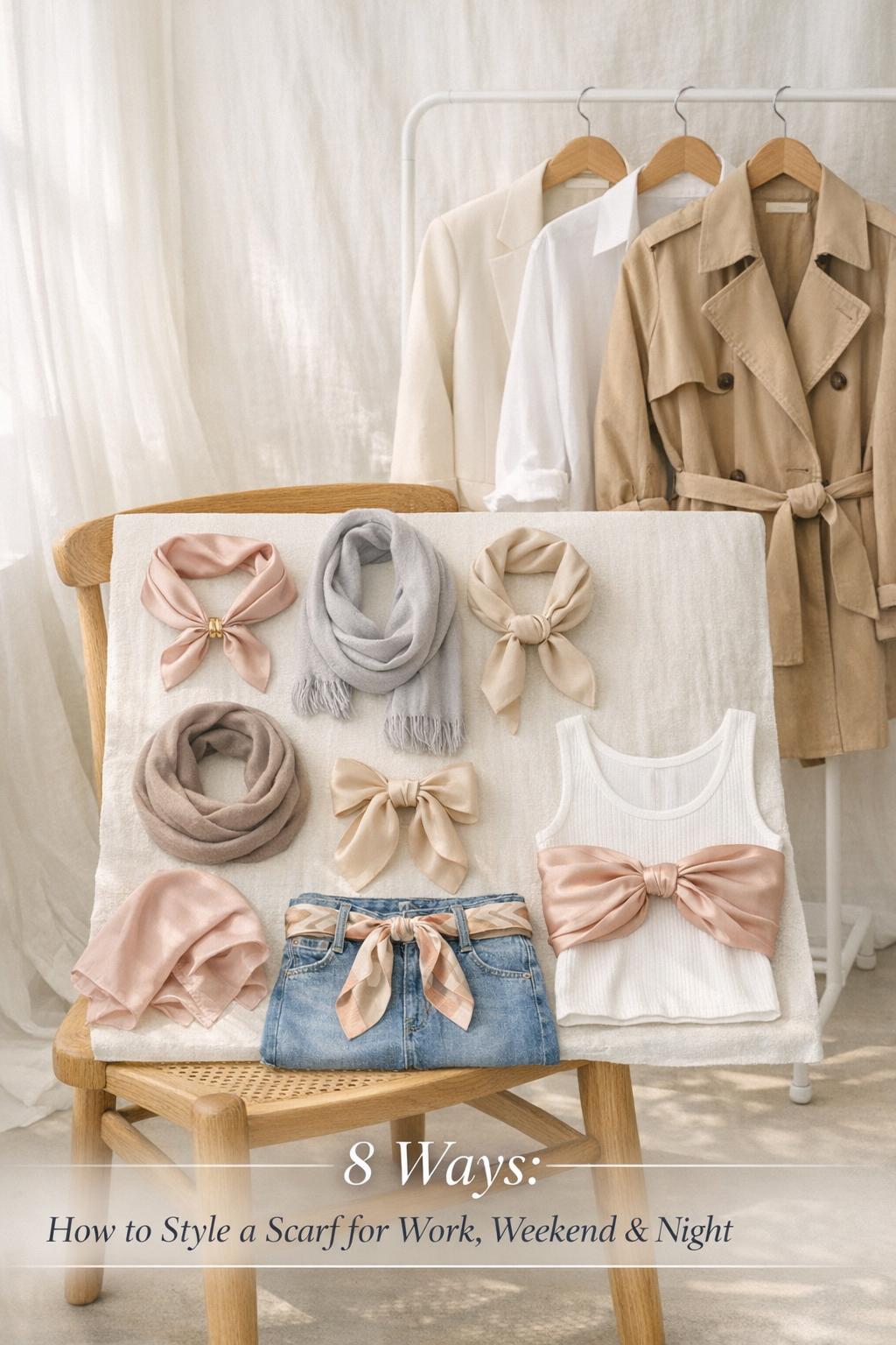 How to style a scarf display in bright neutral bedroom with 8 scarf styling ideas on a chair beside a clothing rack