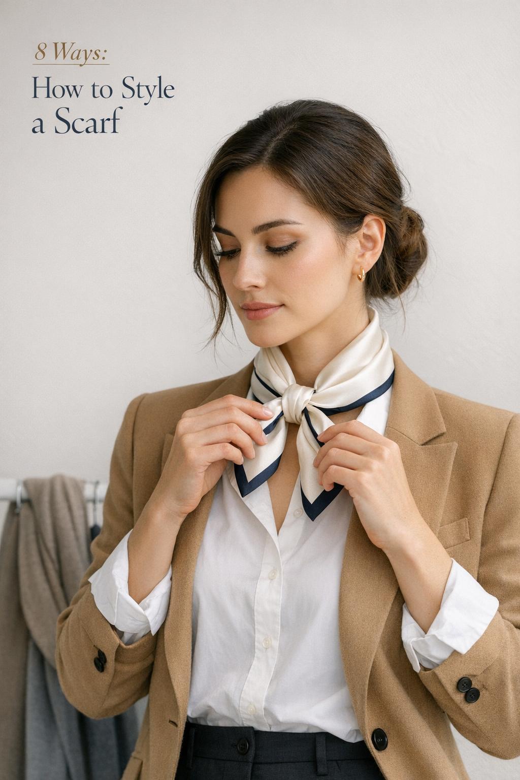 How to style a scarf: model in camel blazer tying an ivory silk scarf in a French knot in a bright minimalist studio