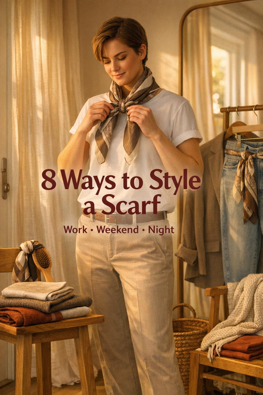 How to style a scarf in a warm sunlit entryway, young adult tying a scarf by a full-length mirror at golden hour