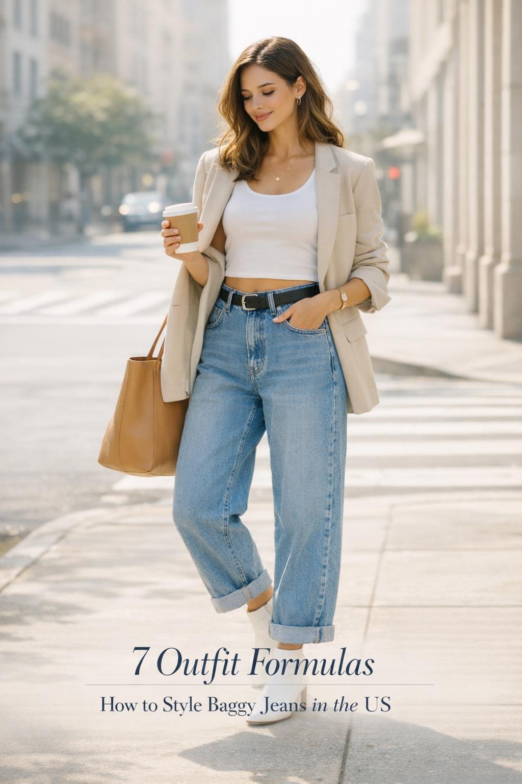 How to style baggy jeans outfit formulas on a sunlit city sidewalk with blazer, tote, coffee, and white sneakers