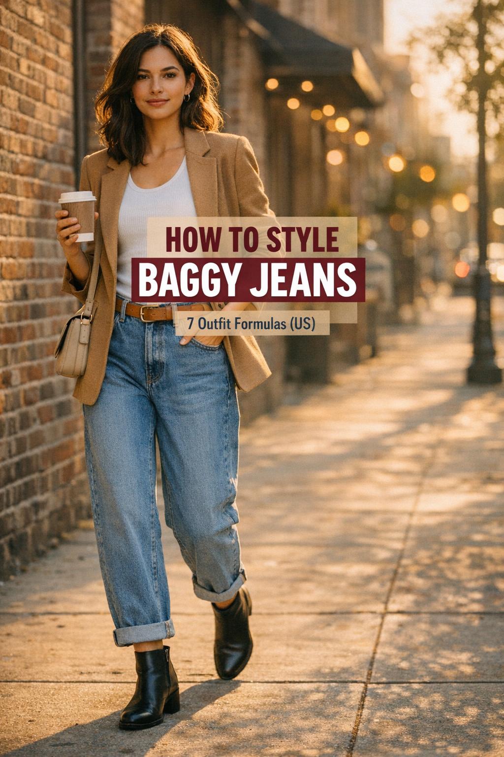 How to style baggy jeans street style with camel blazer, white tank, and black ankle boots at golden hour