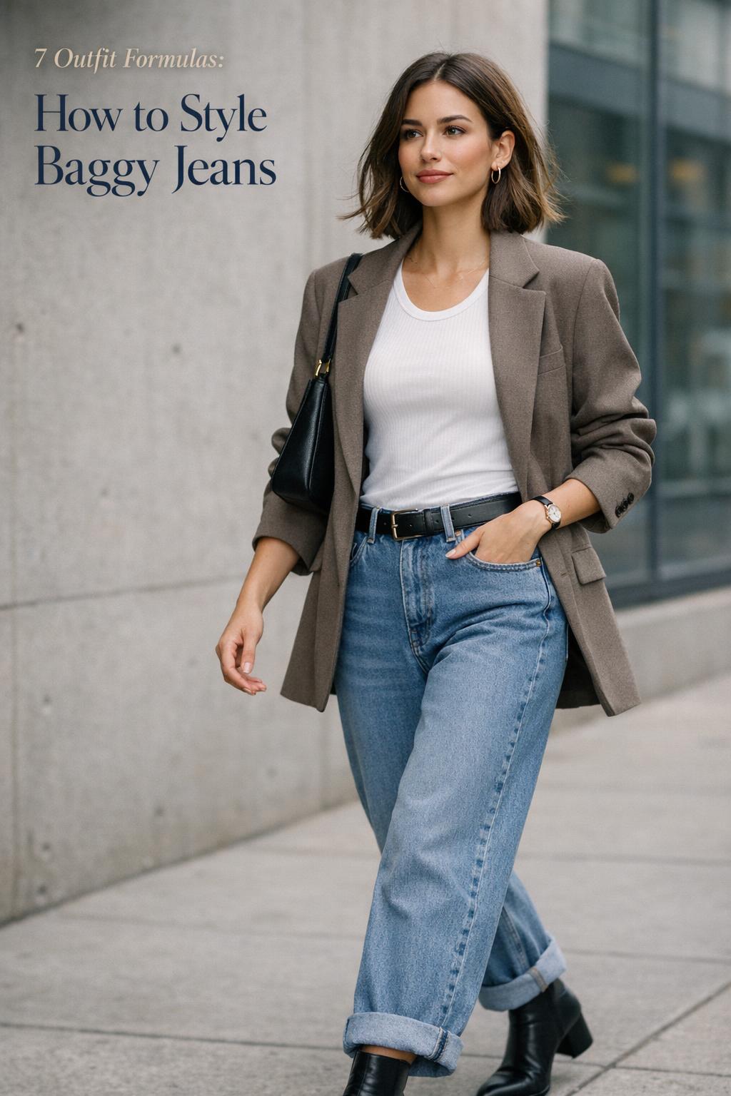 How to style baggy jeans with cuffed mid-wash denim, white ribbed tank, taupe blazer and black ankle boots on city sidewalk